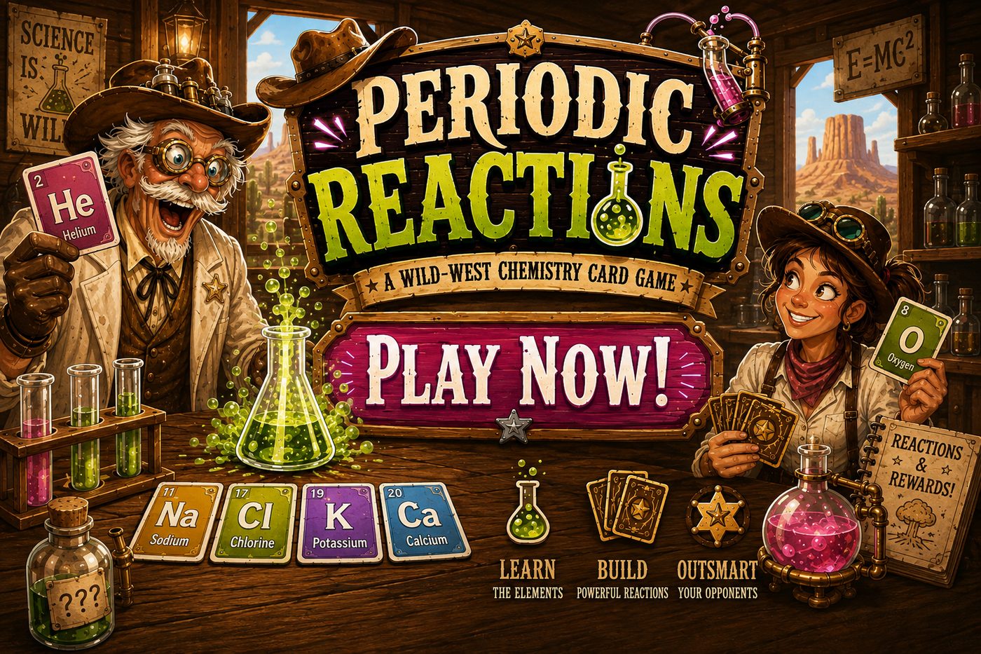 Periodic Reactions — wild-west chemistry card game cover. Play now.